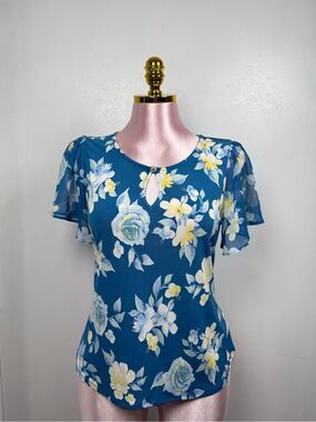 Ember Blue Floral Blouse Sheer Sleeve Keyhole Neck Top Size M